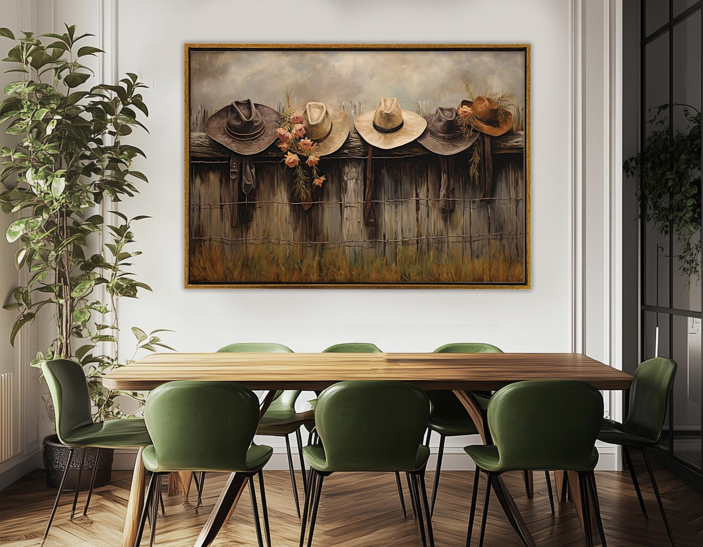 Rustic Fence Canvas Print – Farmhouse Wall Decor With Hanging Hats Artwork, Ready to Hang