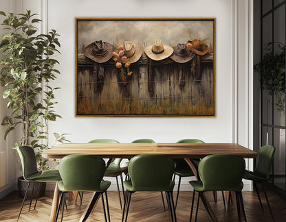 Rustic Fence Canvas Print – Farmhouse Wall Decor With Hanging Hats Artwork, Ready to Hang