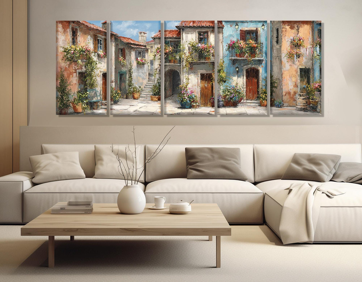 Italian Town Street Canvas – Framed Cotton Print With Flower Balconies Art & Floating Frame