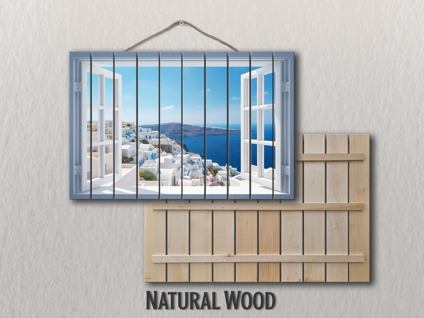 Santorini Wood Art - Natural Wood Print | Open Window Wall Decor on Planks