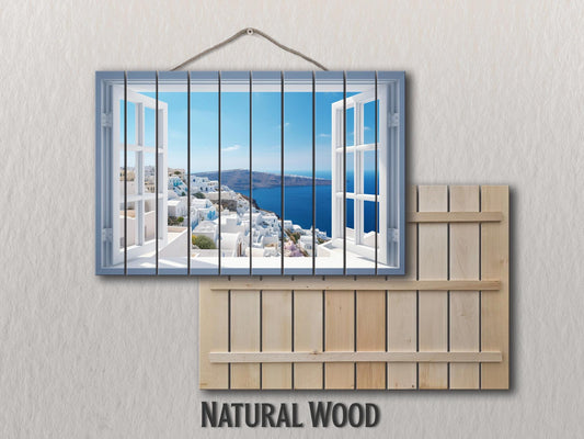 Santorini Wood Art - Natural Wood Print | Open Window Wall Decor on Planks