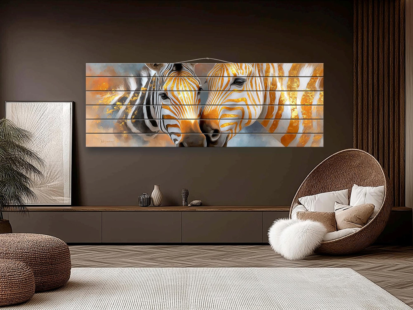 Golden Zebra Couple Print on Wood, Rustic Romantic Wall Decor