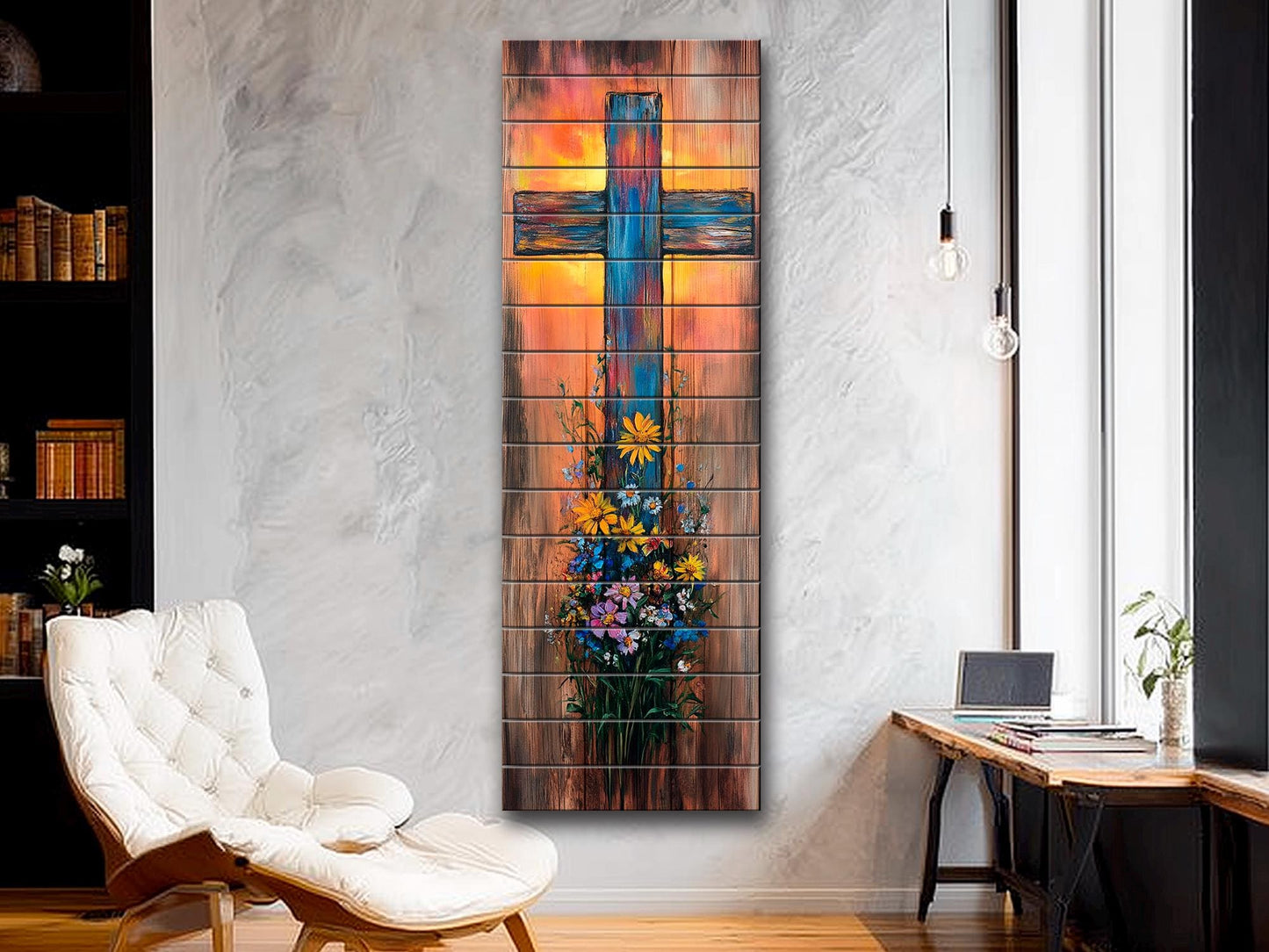 Rustic Cross with Wildflowers Painting Printed on Natural Wood – Christian Print on Wood, Religious Wall Art, Christian Wall Decor