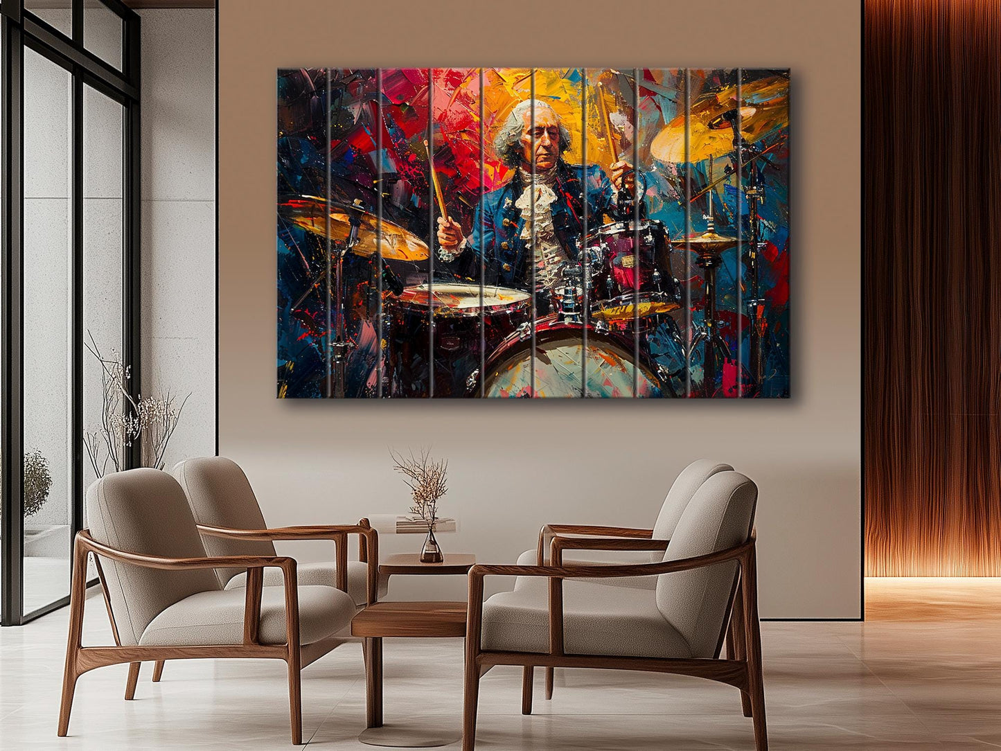 George Washington Playing Drums Abstract Painting Printed on Wood, Politician Gift, Drums Wall Art, Drummer Gift, Wood Print, Wood Wall Art