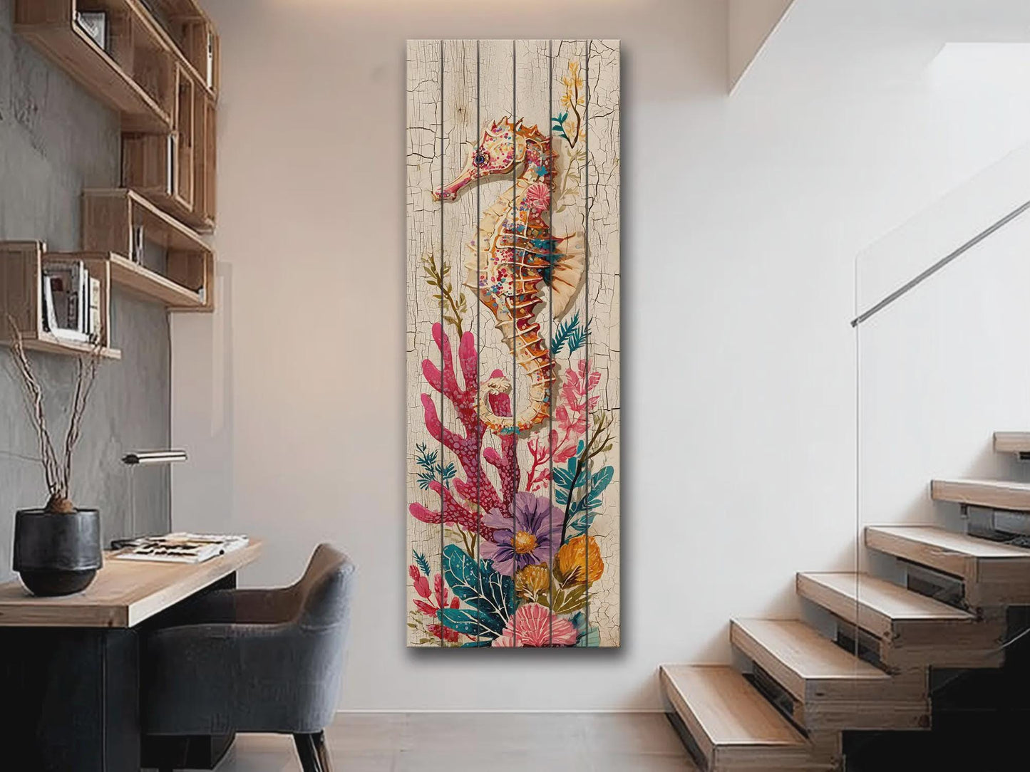 Rustic Nautical Wall Art – Seahorse Wood Print on Natural Wood Plank – Coastal Decor