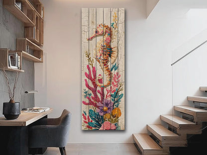 Rustic Nautical Wall Art – Seahorse Wood Print on Natural Wood Plank – Coastal Decor