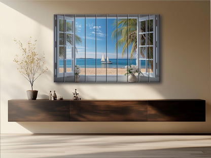 Wood Wall Art – Open Window Sea View Painting on Natural Wood Planks | Nautical Decor