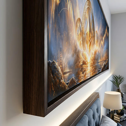 a large, framed painting depicting a fantastical landscape with a golden pyramid-like structure in the center.
