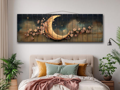 Crescent Moon Wall Art – Rustic Wood Print With Flowers | Boho Nursery Decor