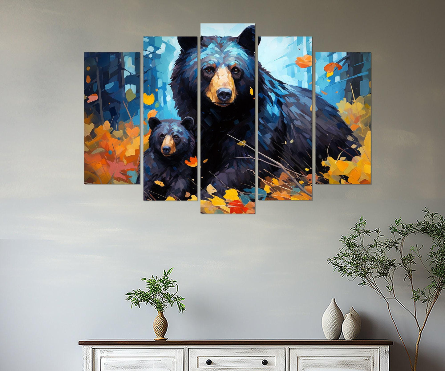 Black Bear Canvas - Kids Room Decor | Framed Wildlife Family Painting Ready to Hang