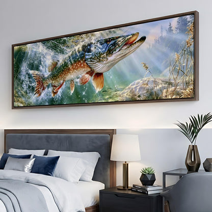 a large framed painting of a fish swimming in a river, hanging on a wall above a bed with white bedding.