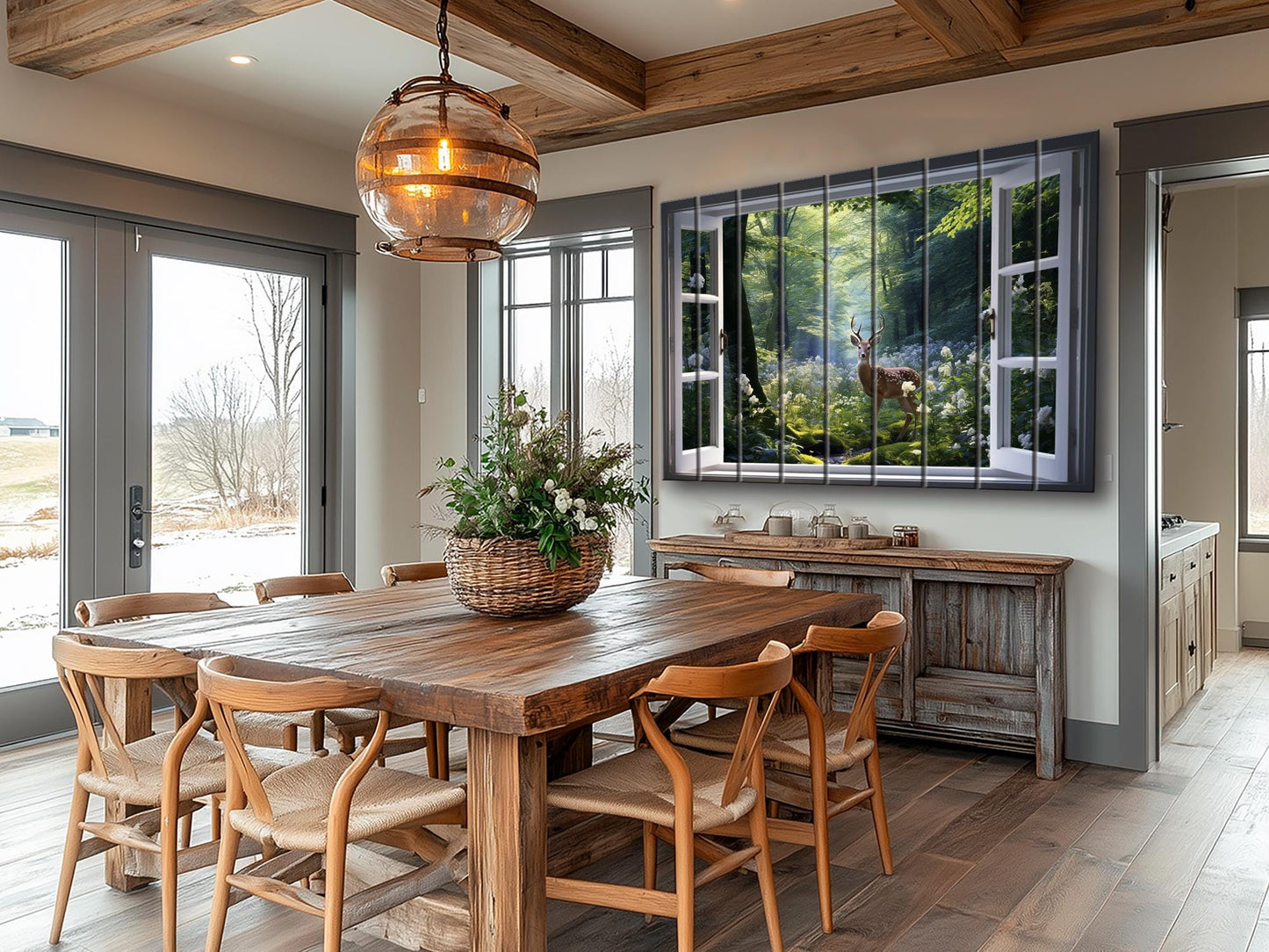 Wood Wall Art - Open Window Artwork Featuring Deer | Natural Wood Grain Decor