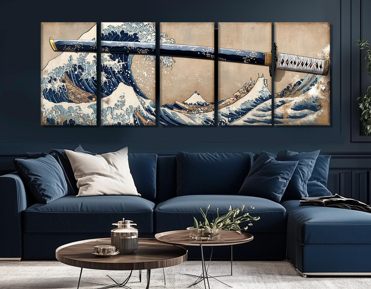 Japanese Wall Art - The Great Wave Off Kanagawa & Samurai Sword Framed Canvas Print