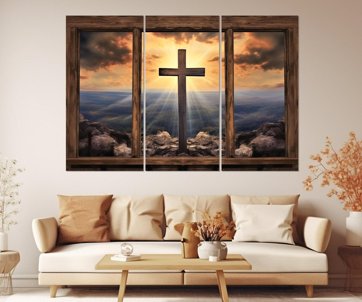 Christian Wall Art – Window with Cross and Mountain View | Framed Canvas Print