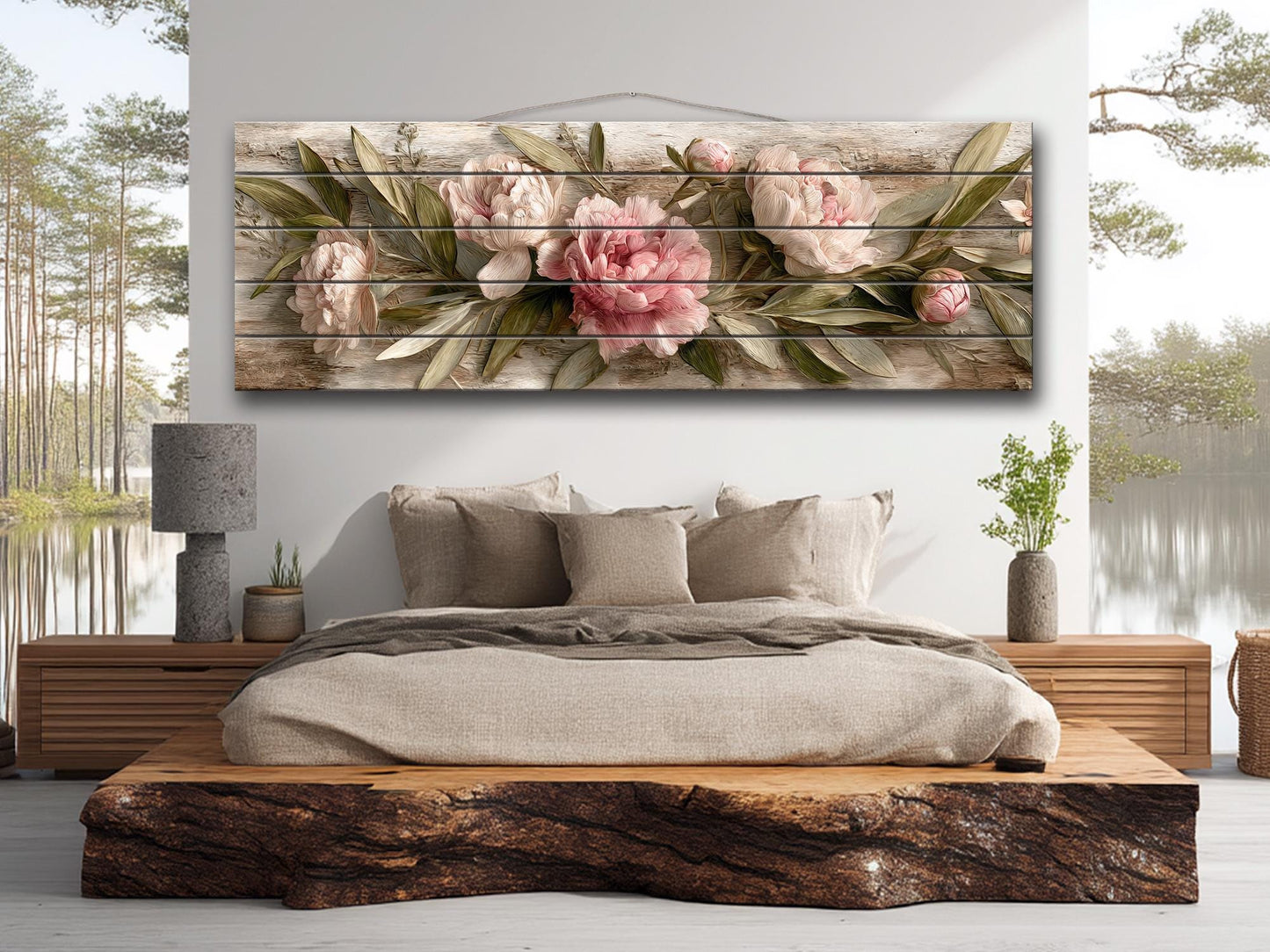 Peonies Print Wood - Beige Pink Floral Wall Art | Rustic Farmhouse Flower Print