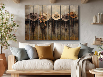 Rustic Fence Wall Art – Wooden Wall Decor with Hanging Hats Print on Natural Wood