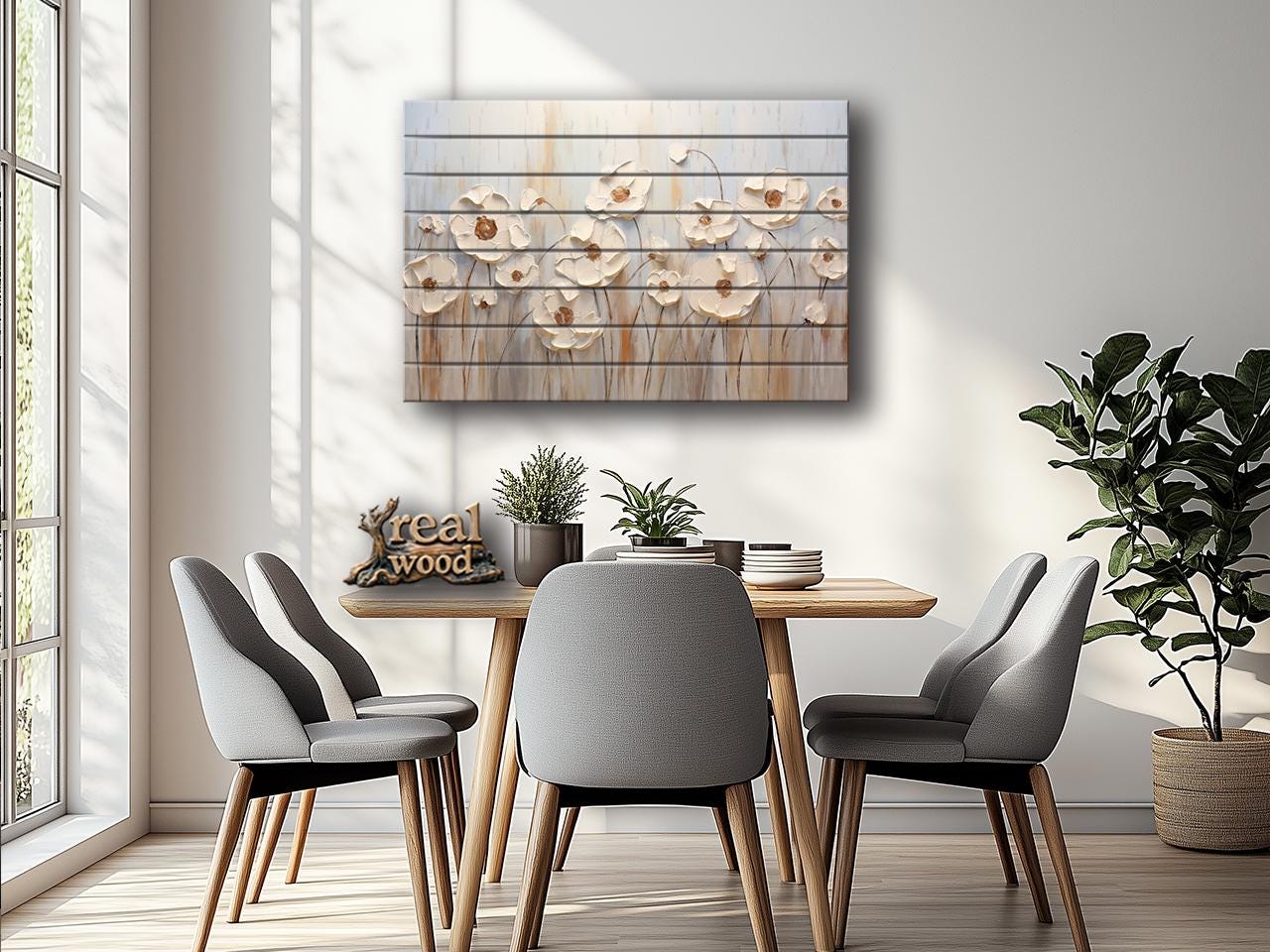Wood Wall Art – Abstract Flower Print Wooden Panel | Rustic Floral Decor
