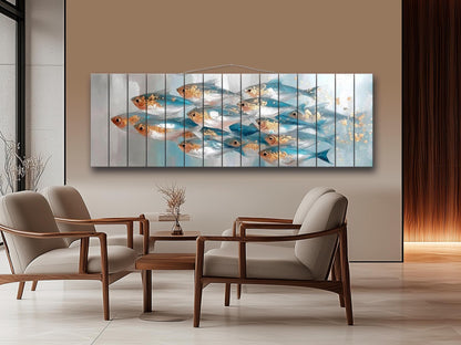 School of Fish Print on Wood, Marine Abstract Painting, Coastal Wall Art