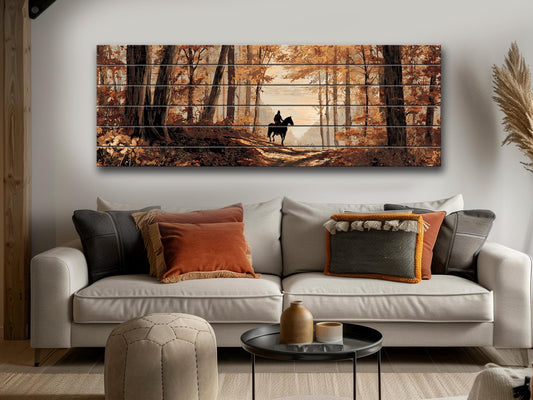 Horse Print Wood - Autumn Forest Art | Rustic Cabin Wall Decor with Warm Colors