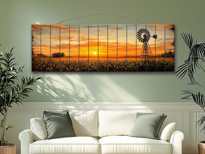 Rustic Wood Print | Abstract Sunset Cornfield Wall Art - Farmhouse Decor