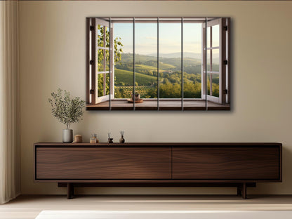 Wood Wall Art - Open Window with Tuscany Landscape Print on Natural Wood, Tuscany Painting, Mountain View in Interior, Italian Wall Art