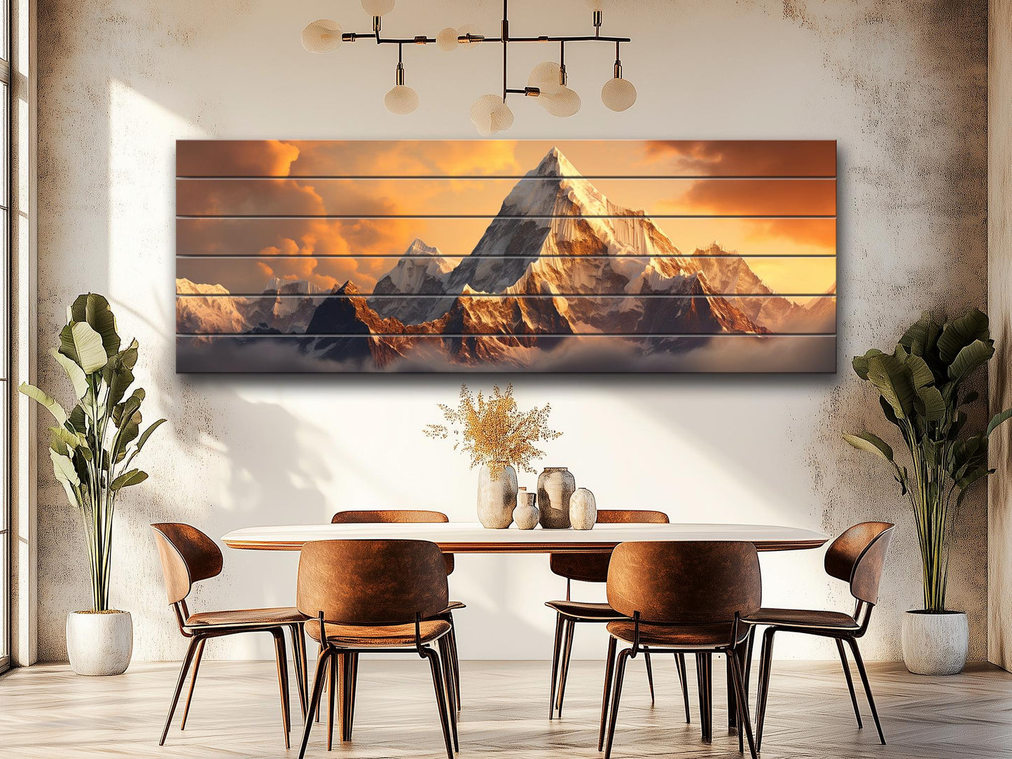 Everest Sunset Painting - Rustic Wood Wall Art With Warm Wood Texture