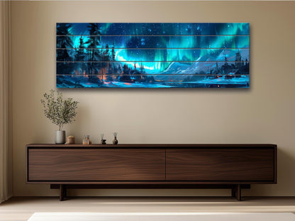 Northern Lights Wall Art – Aurora Borealis Wooden Print on Natural Wood Decor