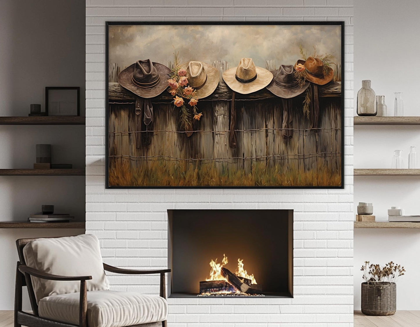 Rustic Fence Canvas Print – Farmhouse Wall Decor With Hanging Hats Artwork, Ready to Hang