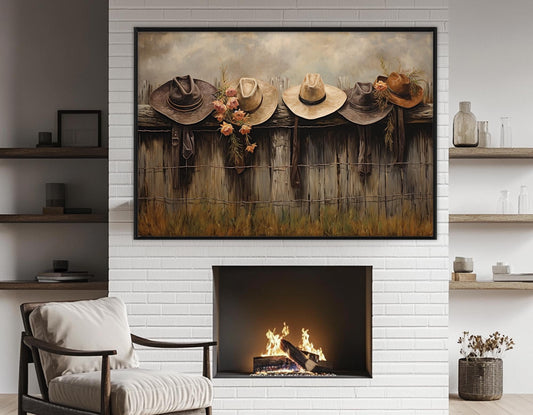Rustic Fence Canvas Print – Farmhouse Wall Decor With Hanging Hats Artwork, Ready to Hang