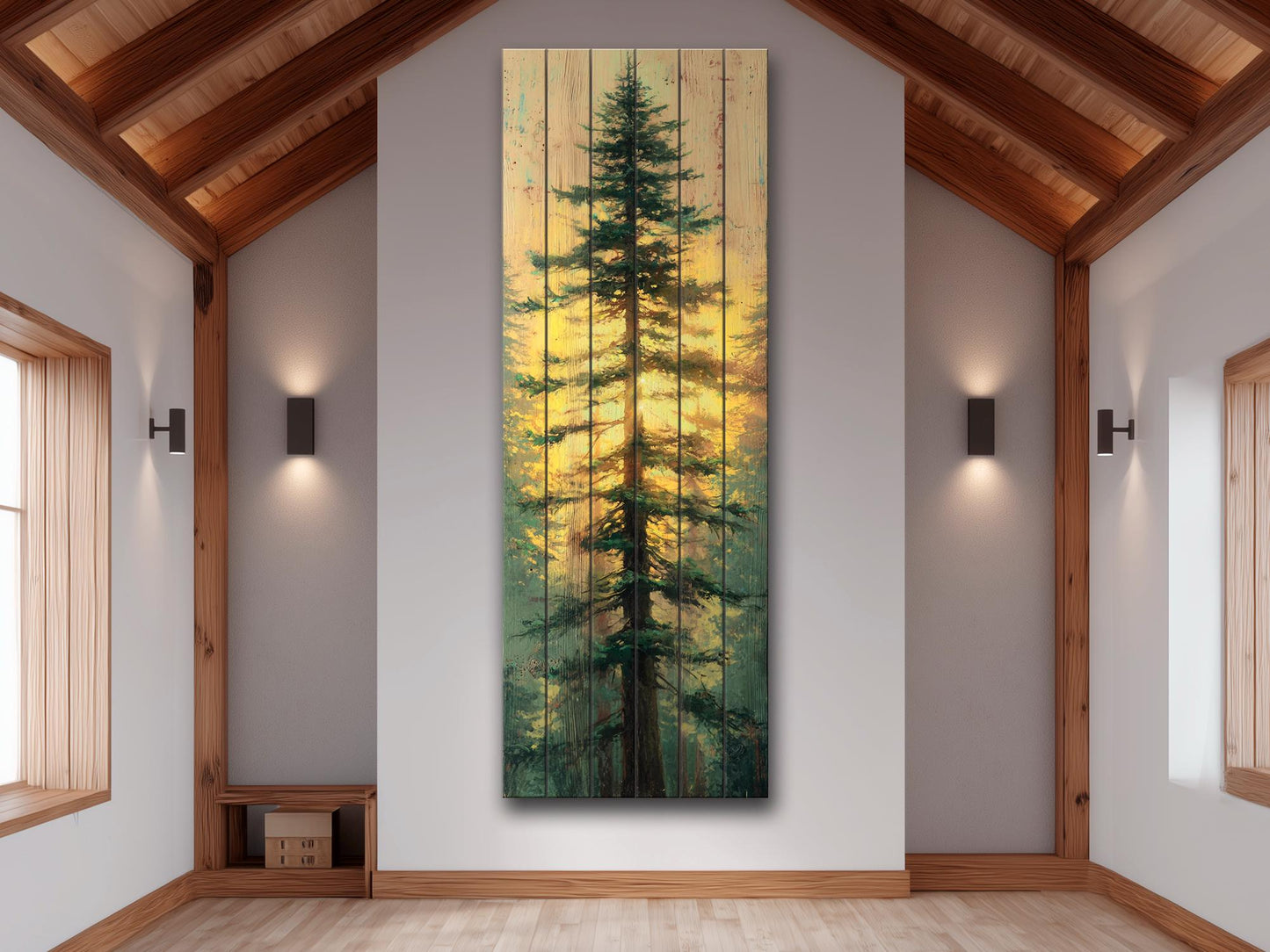 Tall Pine Tree with Golden Sunlight Print on Natural Wood, Cabin Wall Decor, Cozy Lodge Decor, Vertical Pine Tree Painting, Wood Wall Art