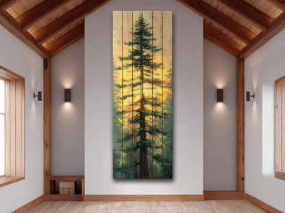 Tall Pine Tree with Golden Sunlight Print on Natural Wood, Cabin Wall Decor, Cozy Lodge Decor, Vertical Pine Tree Painting, Wood Wall Art
