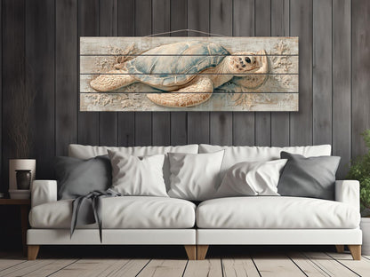 Sea Turtle Wall Art | Rustic Wood Art - Coastal Turtle Artwork on Wood Print