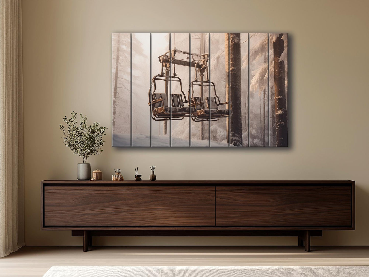 Retro Chairlift, Ski Lift Print On Natural Wood- Vintage Wall Art