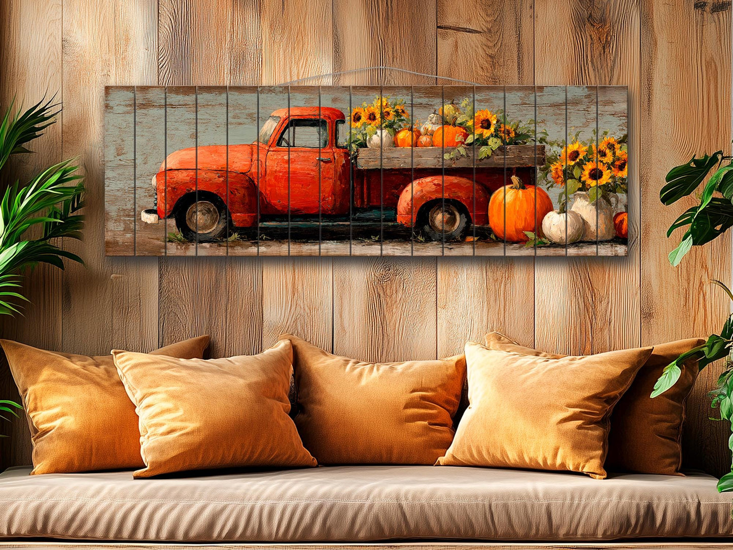 Rustic Wood Wall Art - Vintage Pickup Truck Print on Wood Plank with Pumpkins & Sunflowers