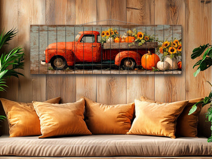 Rustic Wood Wall Art - Vintage Pickup Truck Print on Wood Plank with Pumpkins & Sunflowers