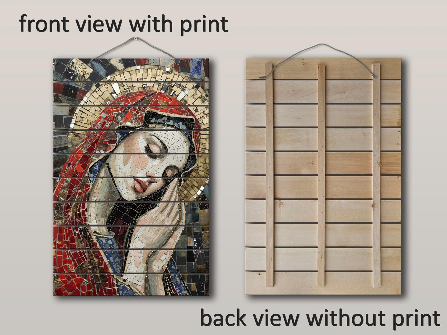 Saint Maria Wood Art – Mosaic Religious Wall Decor on Natural Wood Planks