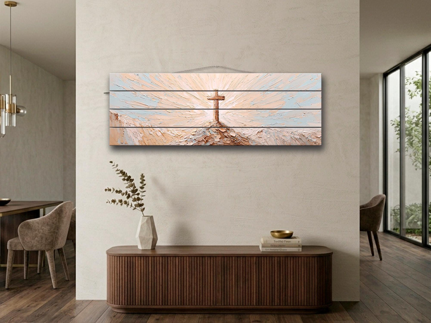 Wooden Cross on Mountain Peak Wood Print Wall Art, Religious Wall Decor