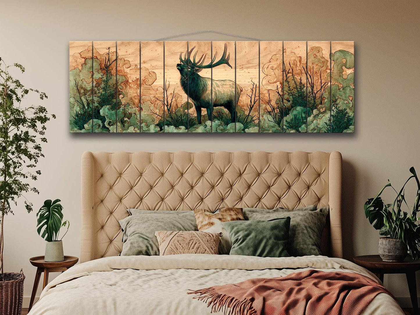 Elk Print On Wood – Rustic Wood Art With Misty Forest Wall Painting & Wildlife Decor