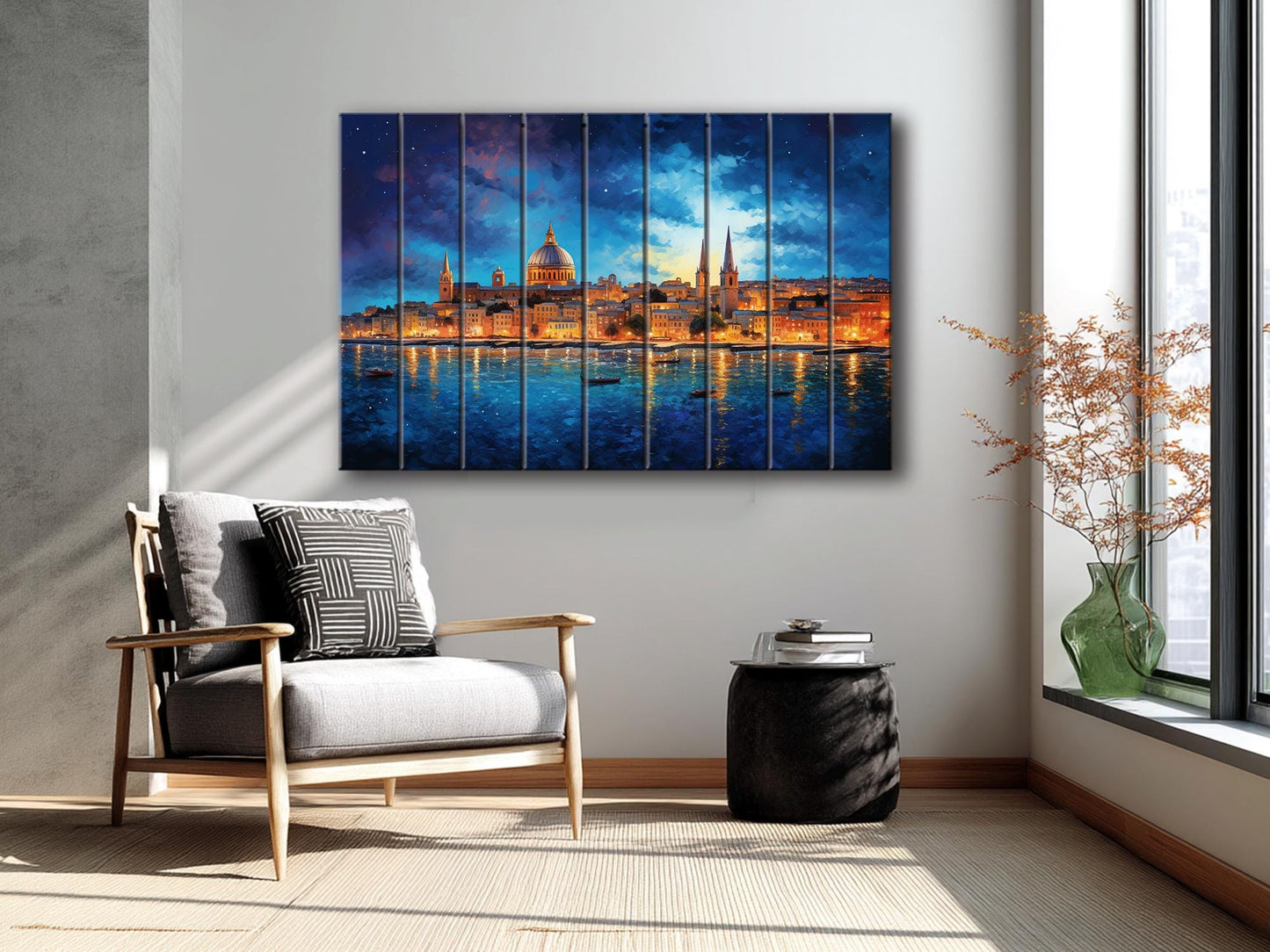Wooden Wall Art - Rustic Valletta Skyline Print on Natural Wood Planks