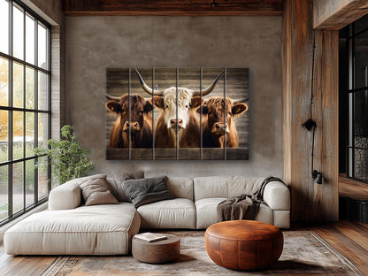 Rustic Wood Wall Art – Highland Cows Painting on Natural Wood Planks | Farmhouse Wall Decor