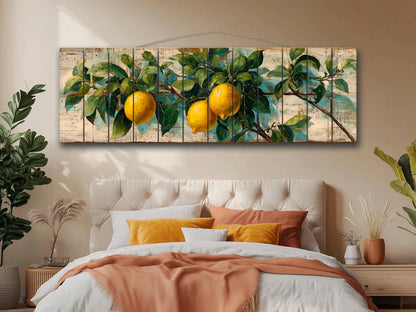 Wood Wall Art – Mediterranean Lemon Tree Painting Printed on Natural Wood, Rustic Lemon Tree Print, Cabin Wall Decor, Kitchen Wall Art