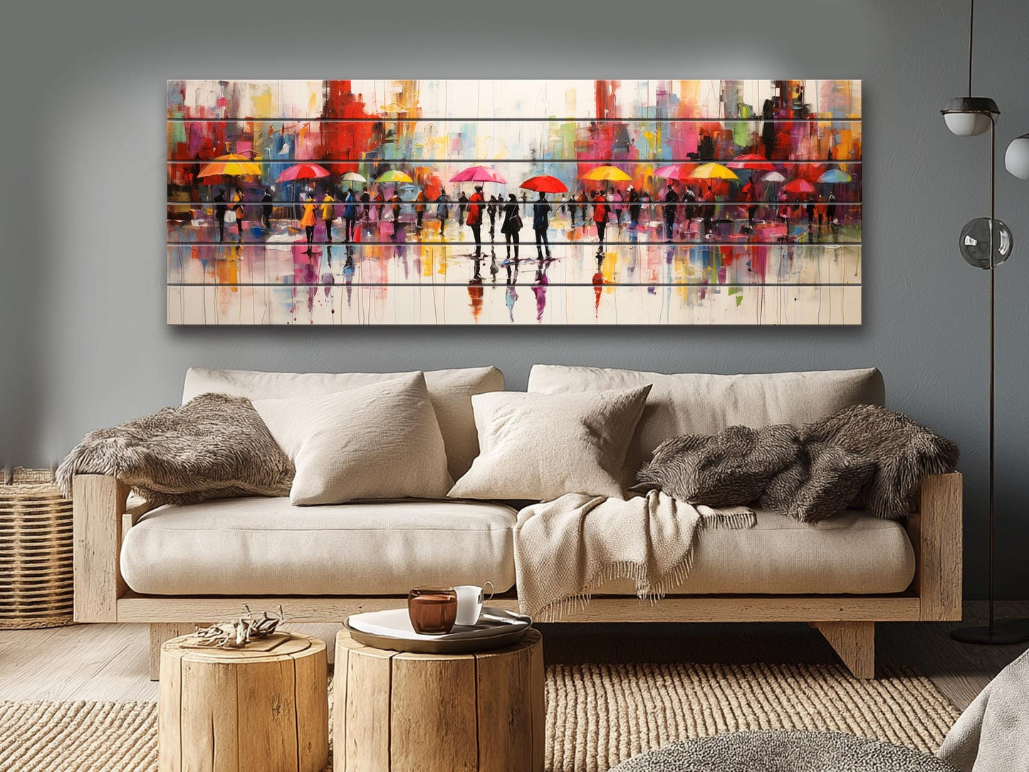 Wooden Wall Art – Abstract Rainy City Print on Natural Wood Planks | Colorful Decor
