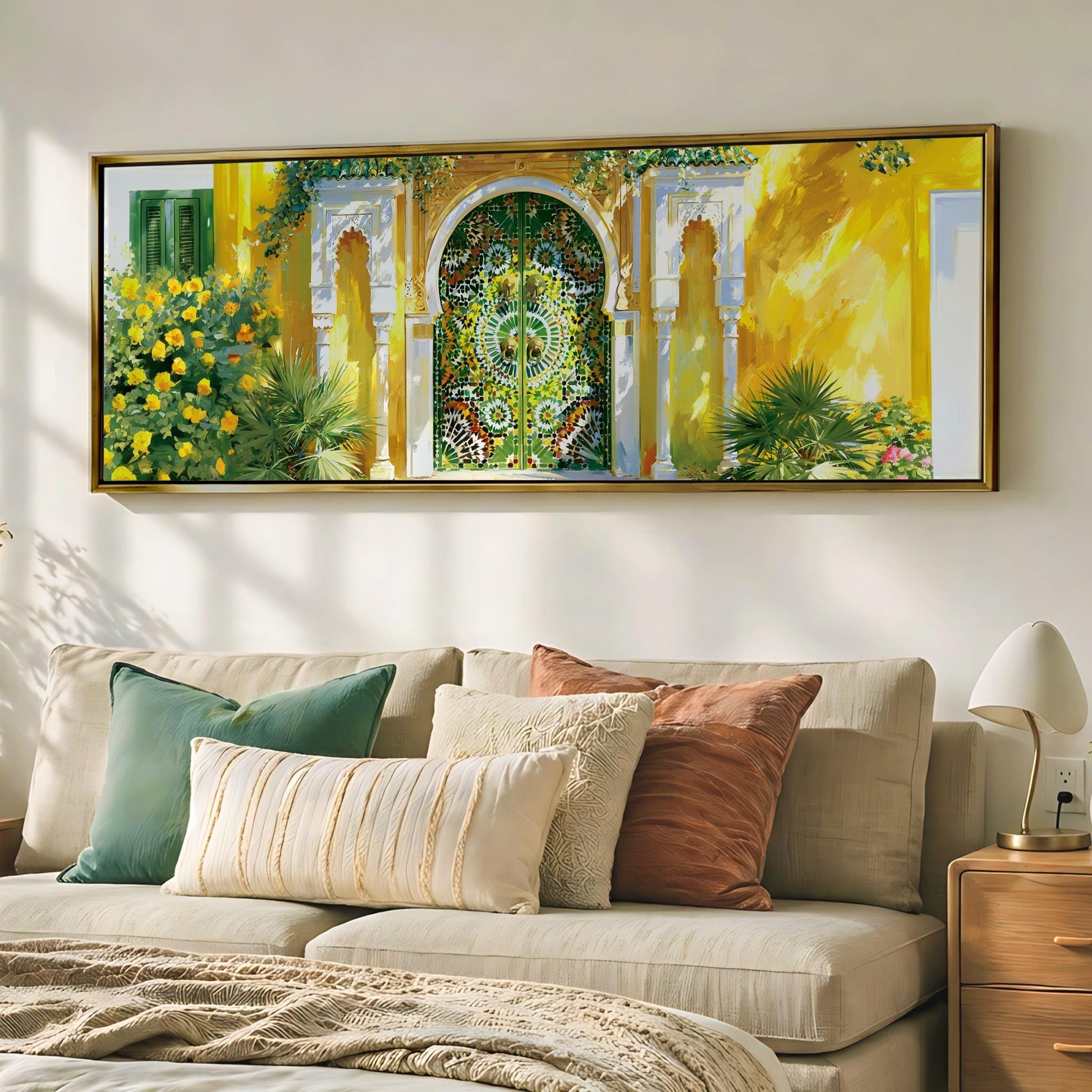 a large, colorful painting of a building with a green and yellow archway, hanging on a wall above a beige sofa with decorative pillows.