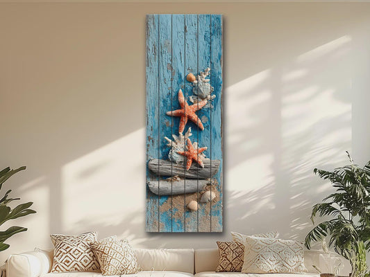 Wood Wall Art | Coastal Wall Art - Driftwood Starfish Print on Rustic Wood Panel