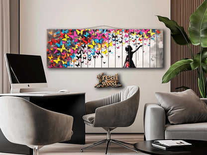 Wood Wall Art | Urban Street Art Print on Natural Wood Plank with Butterflies