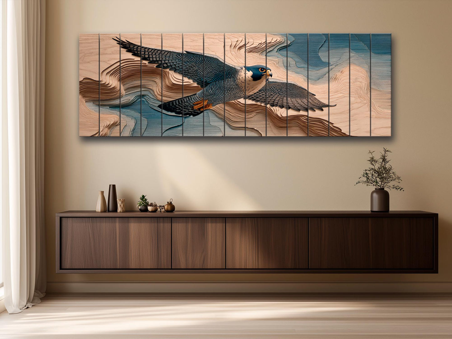 Peregrine Falcon Wood Print – Rustic Bird Painting | Nature Wall Decor