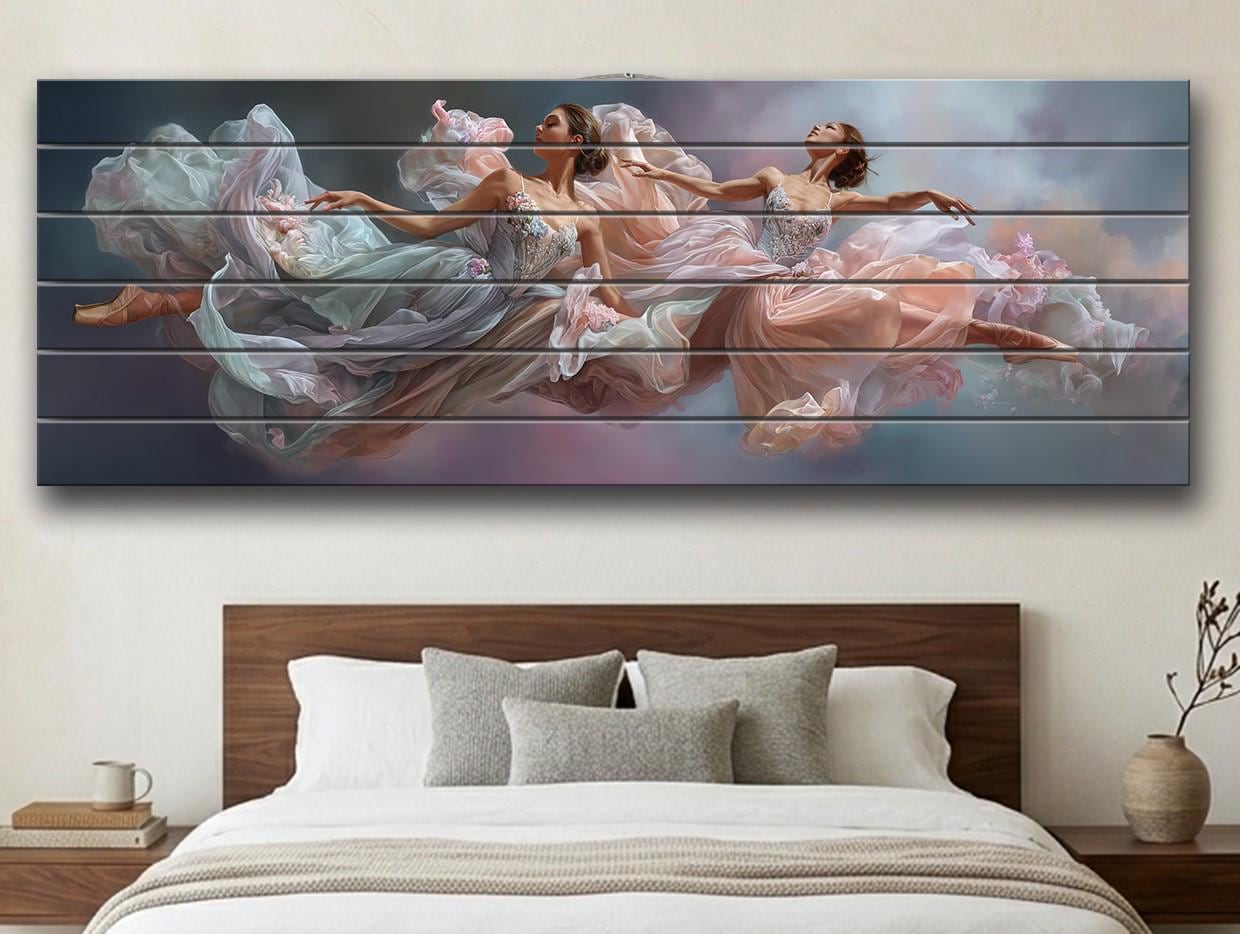 Abstract Ballerinas Print on Wood, Rustic Dreamy Ballet Wall Art
