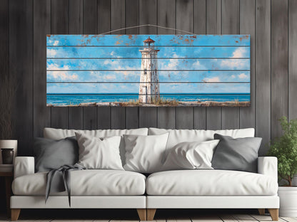 Lighthouse Print Wood – Coastal Wall Art | Rustic Nautical Decor, Serene Seaside Painting