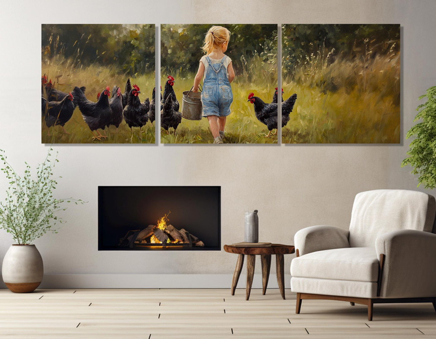Farmhouse Wall Decor – Girl Feeding Chicken Rustic Wall Art Canvas Print, Ready to Hang