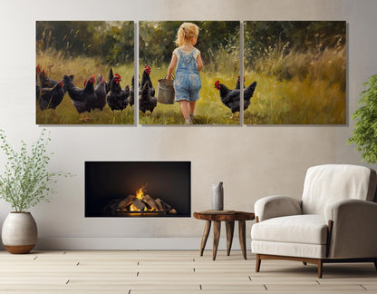 Farmhouse Wall Decor – Girl Feeding Chicken Rustic Wall Art Canvas Print, Ready to Hang